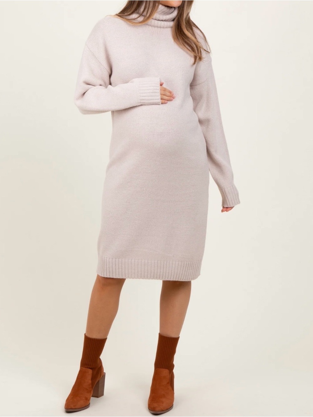 Beige Turtleneck Side Slit Maternity Midi Sweater Dress